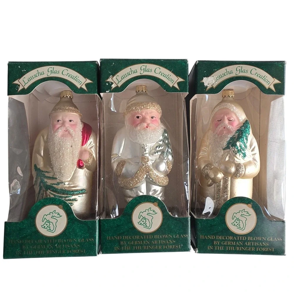 Lauscha Glas Creation German Hand Blown Glass Santa Ornaments Set of 3 in Box